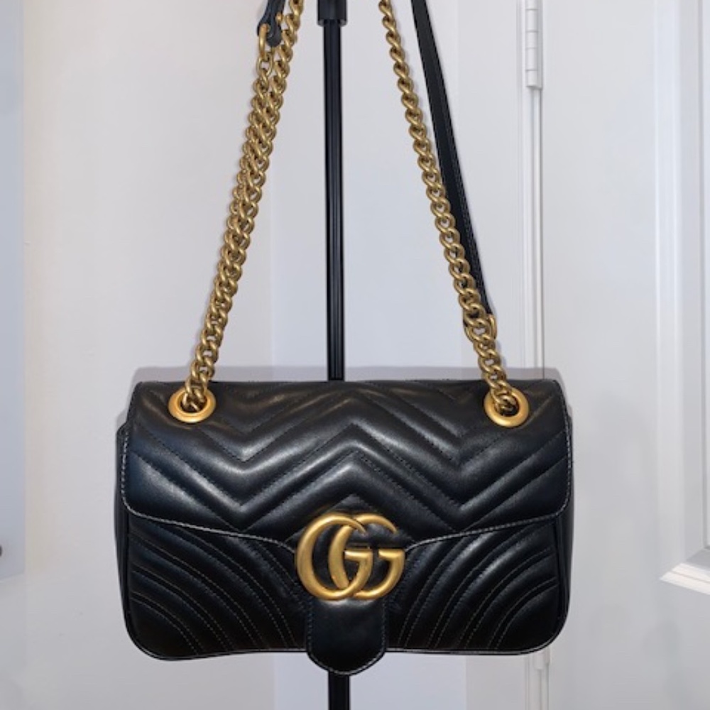 GUCCI Calfskin Matelasse Small GG Marmont Shoulder Bag Black
